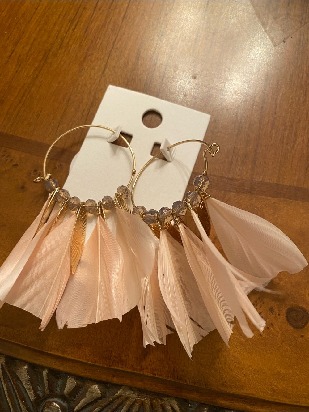 Express Gold Hoop Feather Earrings - Light Pink